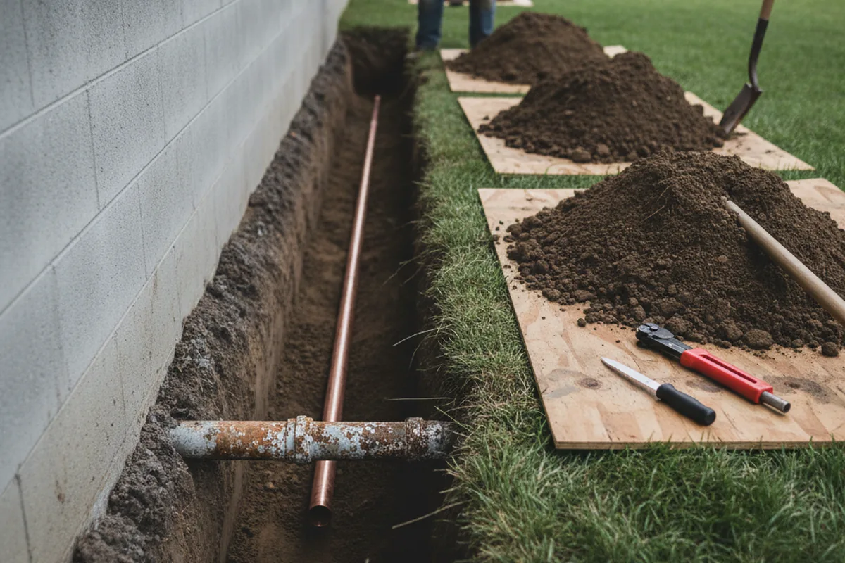 Excavated water line trench during Water Softener Installation in Noblesville